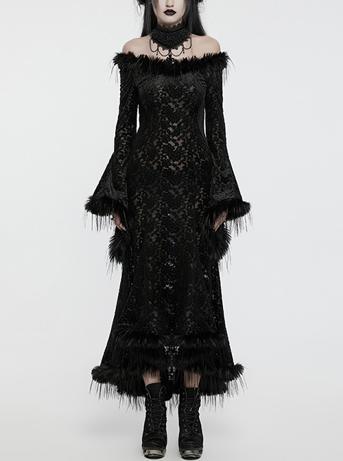 Black Slim Fit Elastic Pattern Flocked Mesh With Flowing Lace Raw Edge V Neck Gothic Style Adjustable Long Sleeve Dress