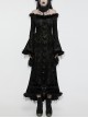 Black Slim Fit Elastic Pattern Flocked Mesh With Flowing Lace Raw Edge V Neck Gothic Style Adjustable Long Sleeve Dress