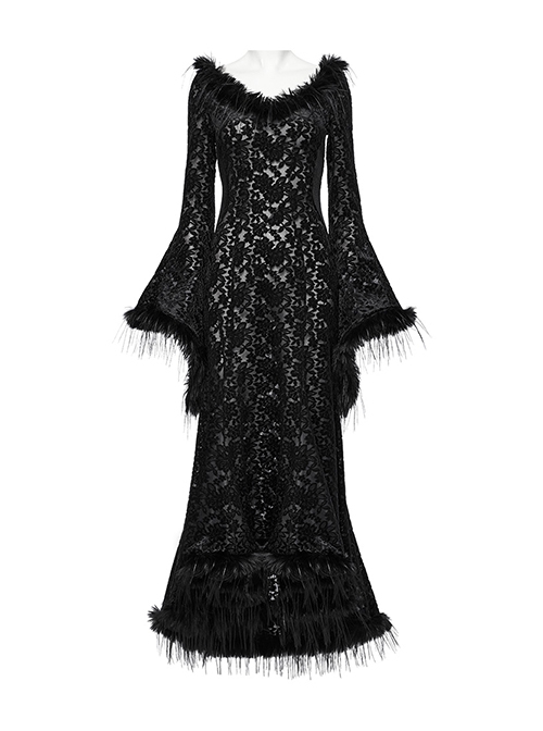 Black Slim Fit Elastic Pattern Flocked Mesh With Flowing Lace Raw Edge V Neck Gothic Style Adjustable Long Sleeve Dress