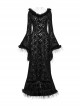 Black Slim Fit Elastic Pattern Flocked Mesh With Flowing Lace Raw Edge V Neck Gothic Style Adjustable Long Sleeve Dress