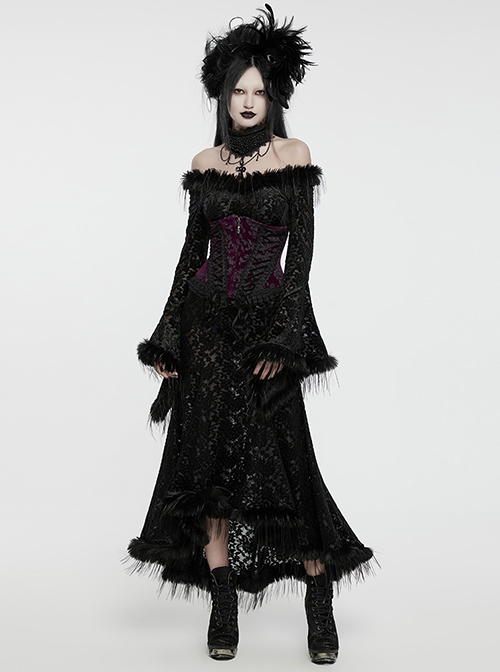 Black Slim Fit Elastic Pattern Flocked Mesh With Flowing Lace Raw Edge V Neck Gothic Style Adjustable Long Sleeve Dress