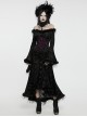 Black Slim Fit Elastic Pattern Flocked Mesh With Flowing Lace Raw Edge V Neck Gothic Style Adjustable Long Sleeve Dress