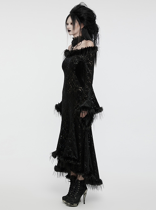 Black Slim Fit Elastic Pattern Flocked Mesh With Flowing Lace Raw Edge V Neck Gothic Style Adjustable Long Sleeve Dress