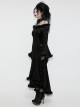Black Slim Fit Elastic Pattern Flocked Mesh With Flowing Lace Raw Edge V Neck Gothic Style Adjustable Long Sleeve Dress