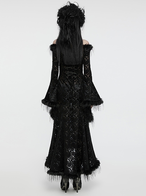 Black Slim Fit Elastic Pattern Flocked Mesh With Flowing Lace Raw Edge V Neck Gothic Style Adjustable Long Sleeve Dress