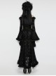 Black Slim Fit Elastic Pattern Flocked Mesh With Flowing Lace Raw Edge V Neck Gothic Style Adjustable Long Sleeve Dress