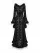 Black Slim Fit Elastic Pattern Flocked Mesh With Flowing Lace Raw Edge V Neck Gothic Style Adjustable Long Sleeve Dress