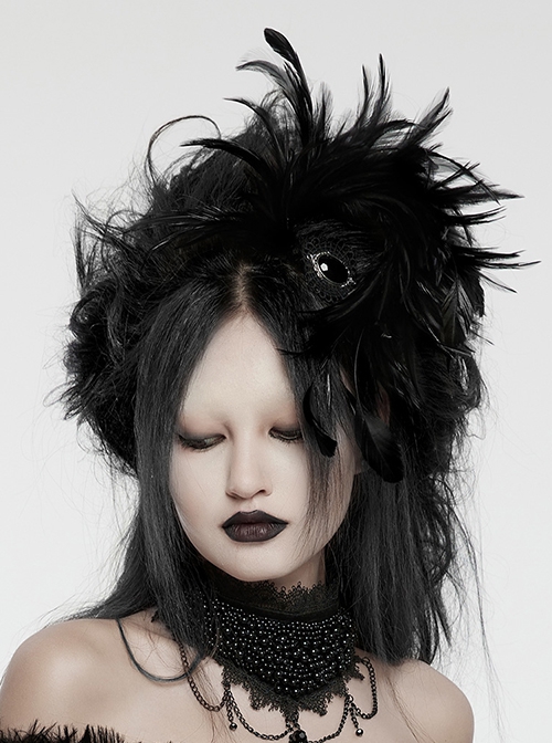 Asymmetrical Black Feathers With Crystal Embellishments Hairpin At The Bottom To Secure The Gothic Devil Feather Headdress
