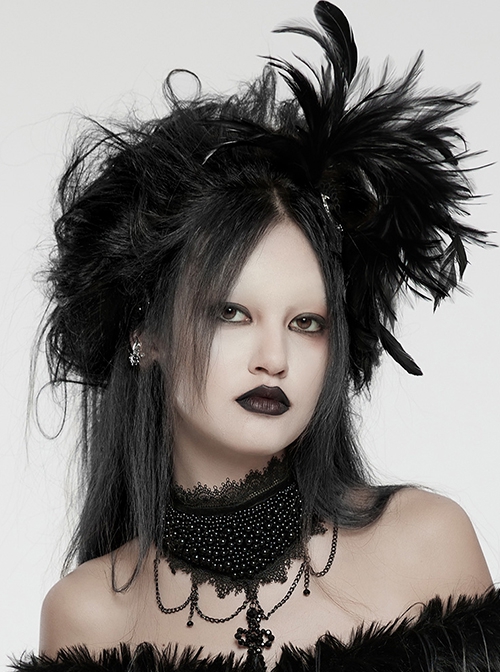 Asymmetrical Black Feathers With Crystal Embellishments Hairpin At The Bottom To Secure The Gothic Devil Feather Headdress