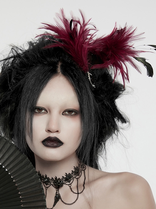 Asymmetrical Red Feathers With Crystal Embellishments Hairpin At The Bottom To Secure The Gothic Devil Feather Headdress