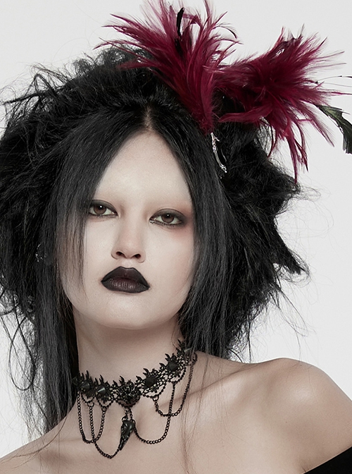 Asymmetrical Red Feathers With Crystal Embellishments Hairpin At The Bottom To Secure The Gothic Devil Feather Headdress