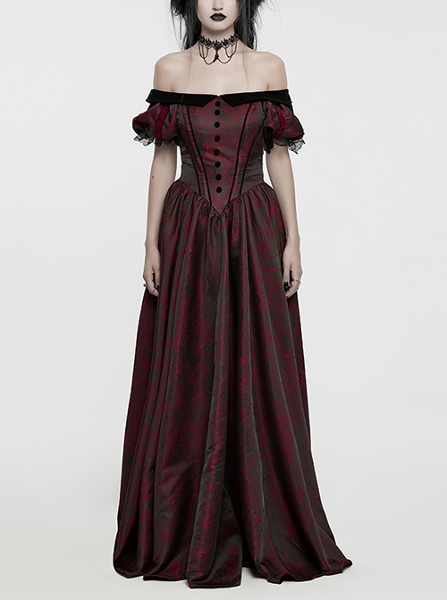 Black And Red Dense Jacquard With Irregular Texture Pattern Front Three Dimensional Button Lapel Design Gothic Style Puff Sleeve Dress