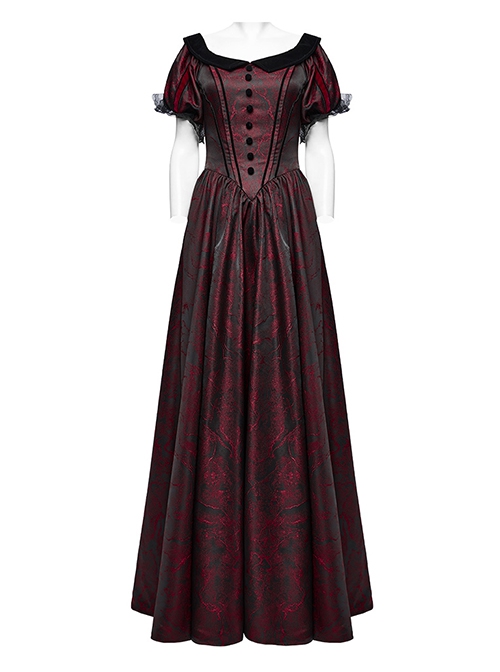 Black And Red Dense Jacquard With Irregular Texture Pattern Front Three Dimensional Button Lapel Design Gothic Style Puff Sleeve Dress