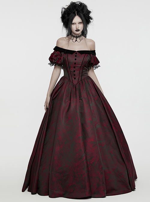 Black And Red Dense Jacquard With Irregular Texture Pattern Front Three Dimensional Button Lapel Design Gothic Style Puff Sleeve Dress