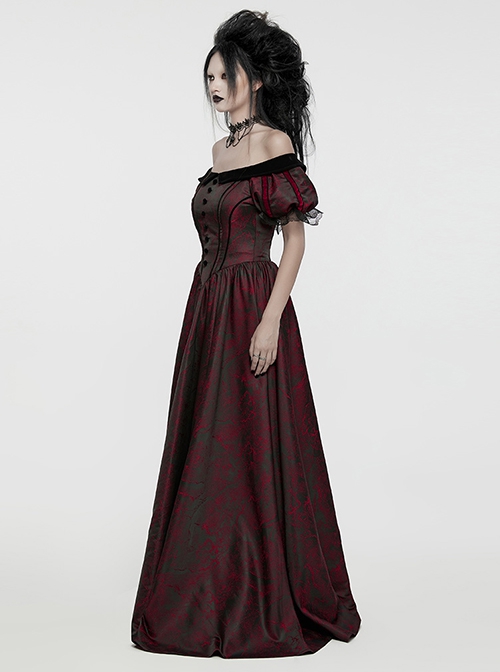 Black And Red Dense Jacquard With Irregular Texture Pattern Front Three Dimensional Button Lapel Design Gothic Style Puff Sleeve Dress