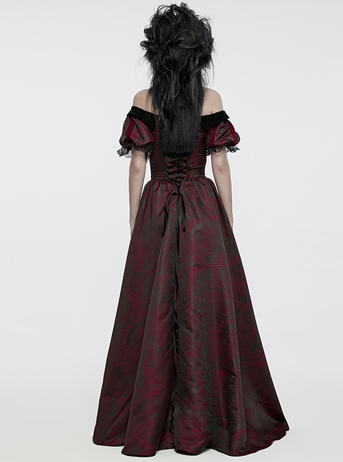 Black And Red Dense Jacquard With Irregular Texture Pattern Front Three Dimensional Button Lapel Design Gothic Style Puff Sleeve Dress