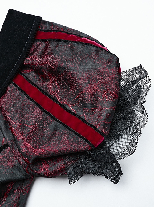 Black And Red Dense Jacquard With Irregular Texture Pattern Front Three Dimensional Button Lapel Design Gothic Style Puff Sleeve Dress