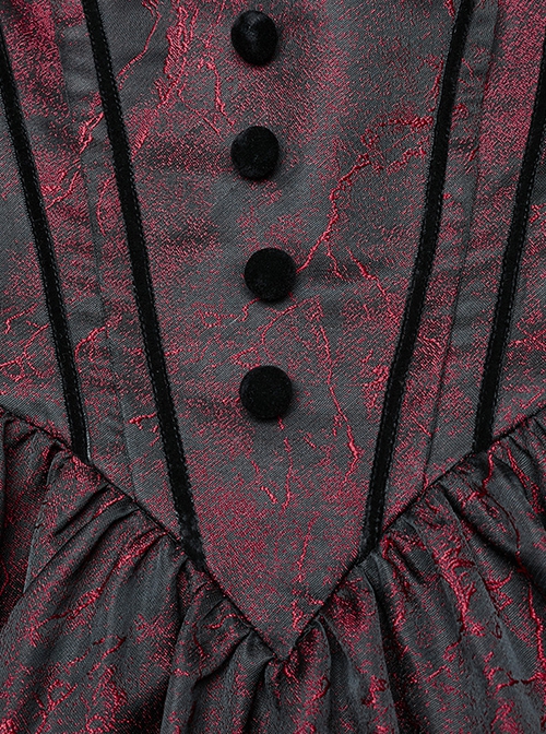 Black And Red Dense Jacquard With Irregular Texture Pattern Front Three Dimensional Button Lapel Design Gothic Style Puff Sleeve Dress