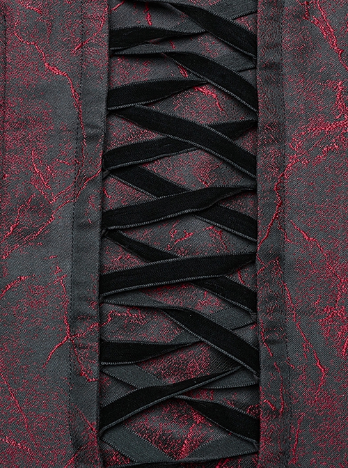Black And Red Dense Jacquard With Irregular Texture Pattern Front Three Dimensional Button Lapel Design Gothic Style Puff Sleeve Dress