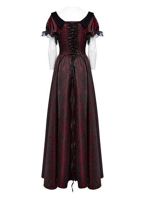 Black And Red Dense Jacquard With Irregular Texture Pattern Front Three Dimensional Button Lapel Design Gothic Style Puff Sleeve Dress