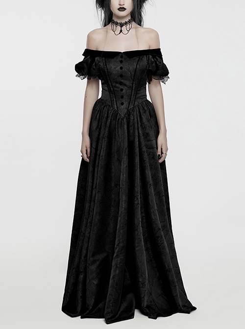 Black Dense Jacquard With Irregular Texture Pattern Front Three Dimensional Button Lapel Design Gothic Style Puff Sleeve Dress