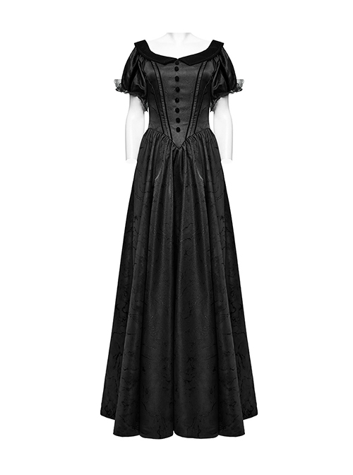 Black Dense Jacquard With Irregular Texture Pattern Front Three Dimensional Button Lapel Design Gothic Style Puff Sleeve Dress
