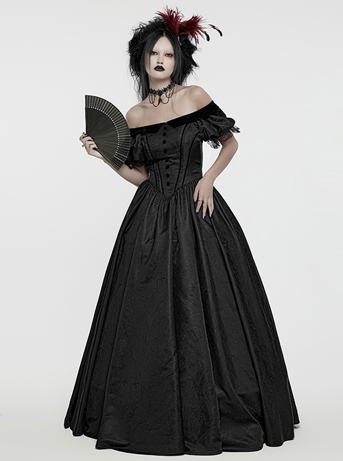 Black Dense Jacquard With Irregular Texture Pattern Front Three Dimensional Button Lapel Design Gothic Style Puff Sleeve Dress