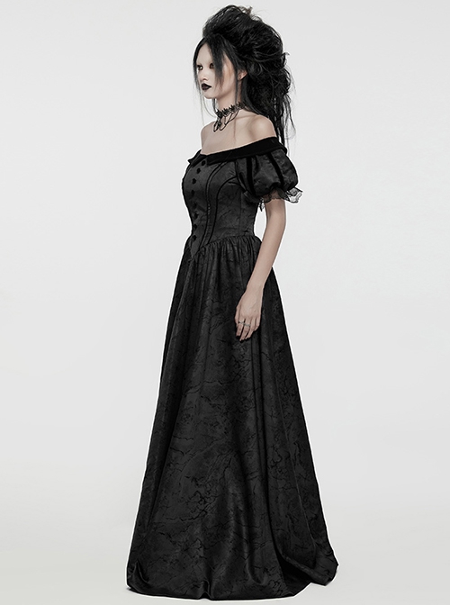 Black Dense Jacquard With Irregular Texture Pattern Front Three Dimensional Button Lapel Design Gothic Style Puff Sleeve Dress