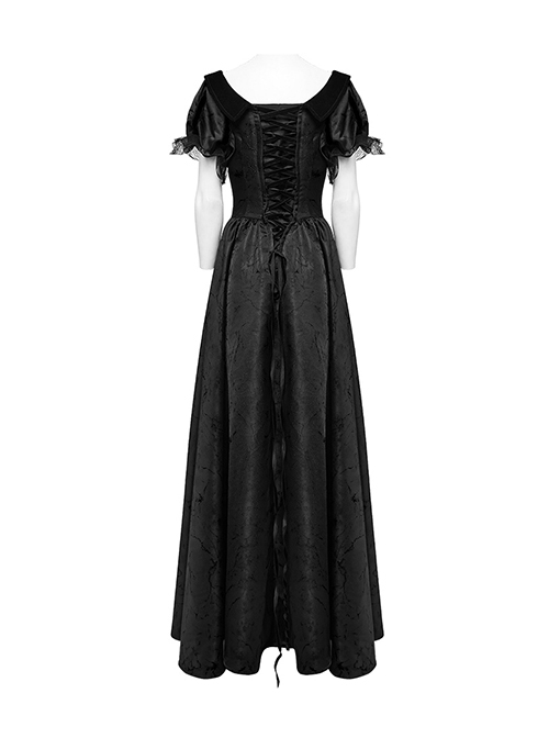 Black Dense Jacquard With Irregular Texture Pattern Front Three Dimensional Button Lapel Design Gothic Style Puff Sleeve Dress