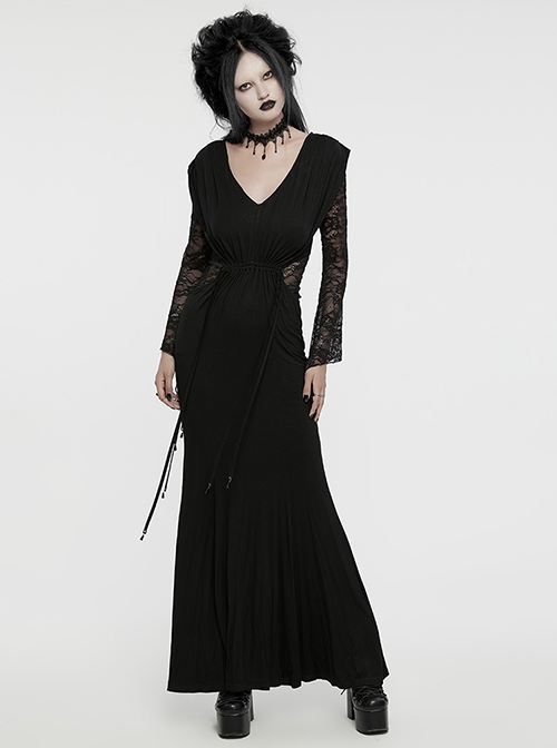 Soft And Comfortable Black Stretch Knit Stitching Micro Transparent Lace Lining Deep V Neck Design Gothic Style Long Sleeved Dress