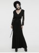 Soft And Comfortable Black Stretch Knit Stitching Micro Transparent Lace Lining Deep V Neck Design Gothic Style Long Sleeved Dress