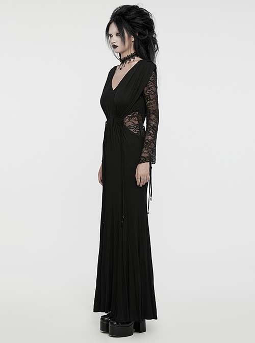 Soft And Comfortable Black Stretch Knit Stitching Micro Transparent Lace Lining Deep V Neck Design Gothic Style Long Sleeved Dress