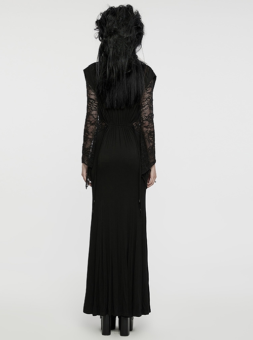 Soft And Comfortable Black Stretch Knit Stitching Micro Transparent Lace Lining Deep V Neck Design Gothic Style Long Sleeved Dress