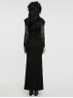 Soft And Comfortable Black Stretch Knit Stitching Micro Transparent Lace Lining Deep V Neck Design Gothic Style Long Sleeved Dress