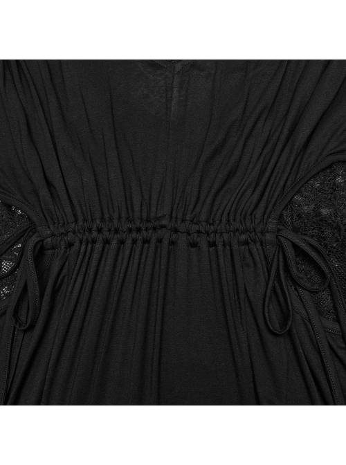 Soft And Comfortable Black Stretch Knit Stitching Micro Transparent Lace Lining Deep V Neck Design Gothic Style Long Sleeved Dress