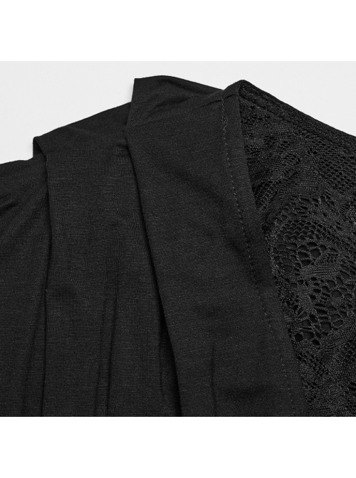 Soft And Comfortable Black Stretch Knit Stitching Micro Transparent Lace Lining Deep V Neck Design Gothic Style Long Sleeved Dress
