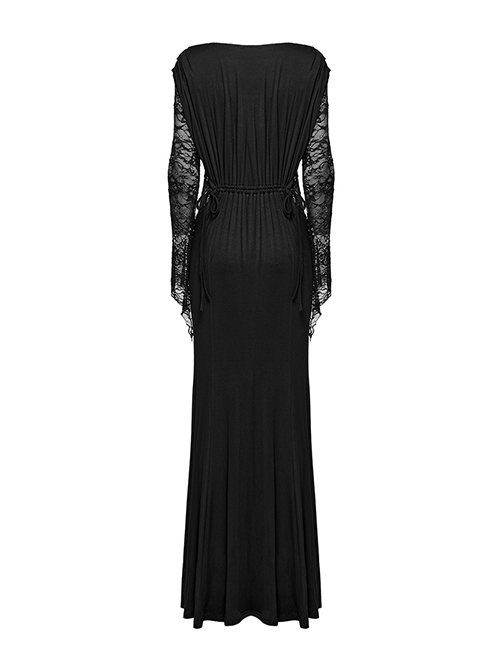 Soft And Comfortable Black Stretch Knit Stitching Micro Transparent Lace Lining Deep V Neck Design Gothic Style Long Sleeved Dress
