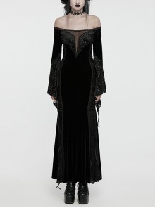 Black Stretch Velvet Splicing Flocked Lace Low Cut Flower Net Design Side Hollow Tie Gothic Style Long Sleeved Dress