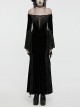 Black Stretch Velvet Splicing Flocked Lace Low Cut Flower Net Design Side Hollow Tie Gothic Style Long Sleeved Dress
