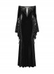 Black Stretch Velvet Splicing Flocked Lace Low Cut Flower Net Design Side Hollow Tie Gothic Style Long Sleeved Dress