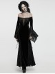 Black Stretch Velvet Splicing Flocked Lace Low Cut Flower Net Design Side Hollow Tie Gothic Style Long Sleeved Dress