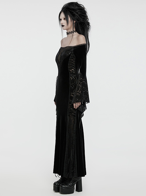 Black Stretch Velvet Splicing Flocked Lace Low Cut Flower Net Design Side Hollow Tie Gothic Style Long Sleeved Dress