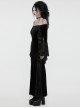 Black Stretch Velvet Splicing Flocked Lace Low Cut Flower Net Design Side Hollow Tie Gothic Style Long Sleeved Dress
