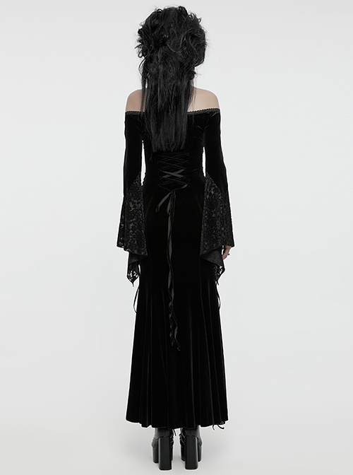Black Stretch Velvet Splicing Flocked Lace Low Cut Flower Net Design Side Hollow Tie Gothic Style Long Sleeved Dress