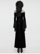 Black Stretch Velvet Splicing Flocked Lace Low Cut Flower Net Design Side Hollow Tie Gothic Style Long Sleeved Dress