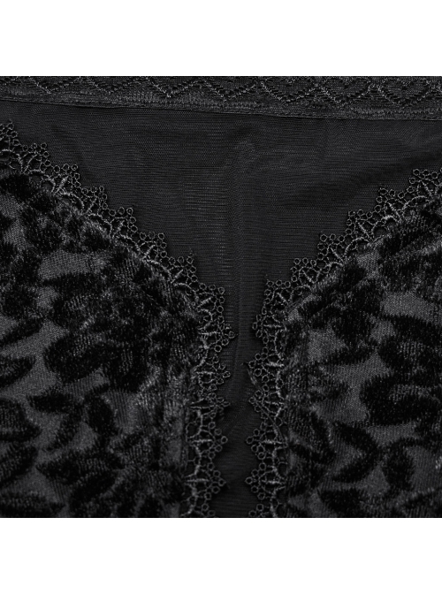 Black Stretch Velvet Splicing Flocked Lace Low Cut Flower Net Design Side Hollow Tie Gothic Style Long Sleeved Dress