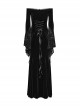 Black Stretch Velvet Splicing Flocked Lace Low Cut Flower Net Design Side Hollow Tie Gothic Style Long Sleeved Dress