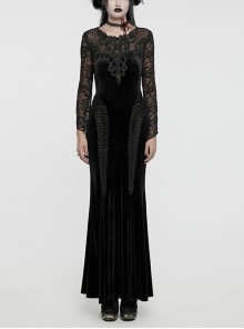 Gorgeous Black Stretch Velvet Splicing Slightly Transparent Flower Net Front Center Three Dimensional Gem Lace Gothic Style Lace Long Sleeved Dress