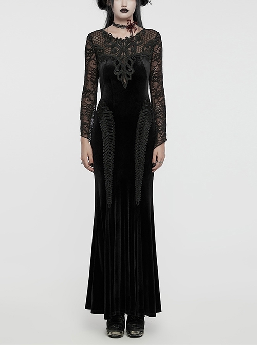 Gorgeous Black Stretch Velvet Splicing Slightly Transparent Flower Net Front Center Three Dimensional Gem Lace Gothic Style Lace Long Sleeved Dress