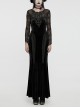 Gorgeous Black Stretch Velvet Splicing Slightly Transparent Flower Net Front Center Three Dimensional Gem Lace Gothic Style Lace Long Sleeved Dress